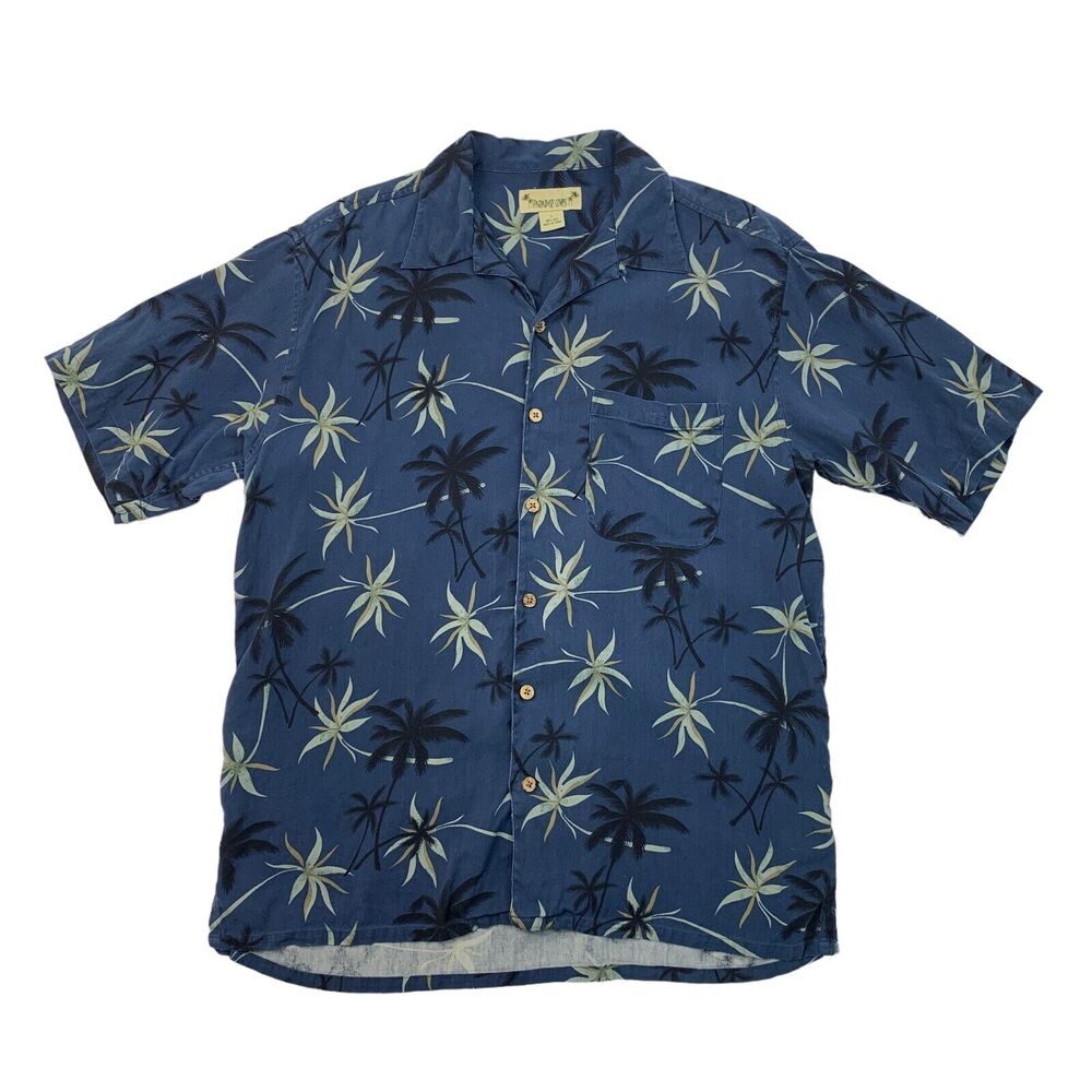 Paradise Coves Silk Shirt Mens L Large Blue Palm Tree Short Sleeve Button Up